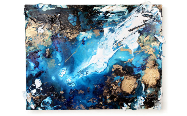 「Dive to Blue」H53×W41×D2.5cm, Acrylic paint, Plating pigment, Canvas, 2025