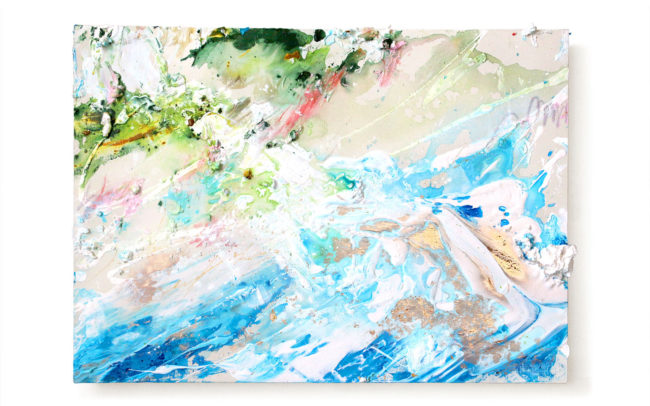 「First Air 最初の風」H65×W91cm, Acrylic paint, Plating pigment, Wood canvas,Flower that day, 2026