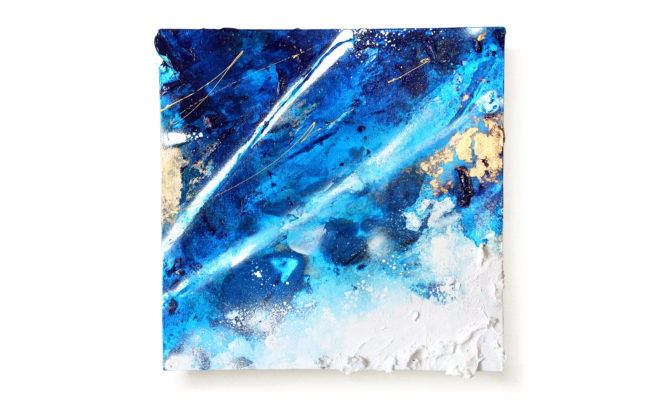 「Memory of Blue あの日」H25×W25×D3.5cm, Acrylic paint, Plating pigment, Canvas, 2025